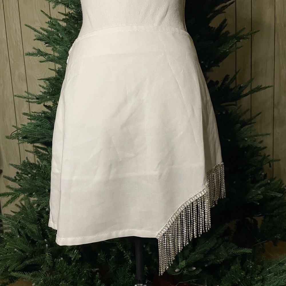 New With Tags White Mini Skirt With Slit and Gemstone Fringe Detail